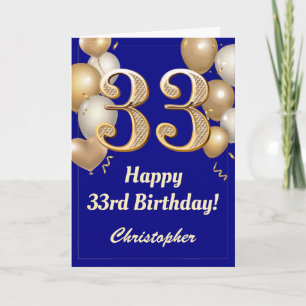 33. Geburtstag Navy Blue und Gold Balloons Confett Karte