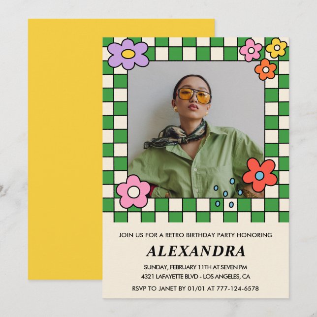 33. Geburtstagseinladung Retro Groovy Blume Einladung (Vorne/Hinten)