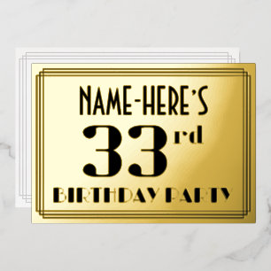 33. Geburtstagsfeier: Art Deco-Look „33“ und Name Folieneinladung