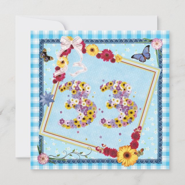 33. Geburtstagsparty Einladung Blume, Schmetterlin (Vorderseite)