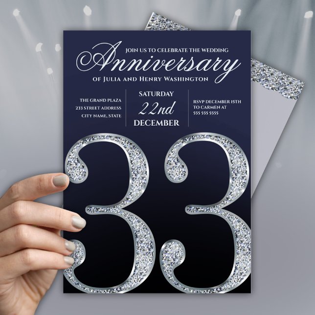 33rd Anniversary Diamond Silver Navy Blue Einladung (Von Creator hochgeladen)