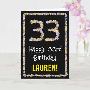 33rd Birthday: Floral Flowers Number, Custom Name Karte