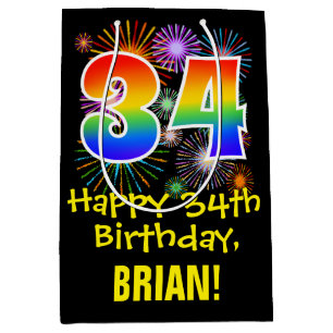 34. Geburtstag: Fun Fireworks Pattern + Rainbow 34 Mittlere Geschenktüte