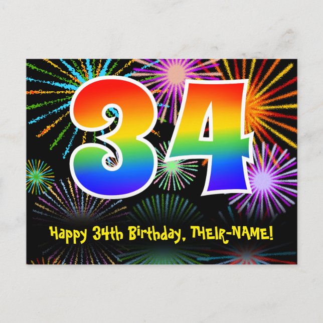 34. Geburtstag - Fun Fireworks Pattern + Regenboge Postkarte (Vorderseite)