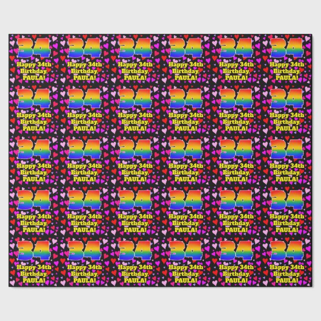 34. Geburtstag: Loving Hearts Pattern, Regenbogen  Geschenkpapier (Saum)