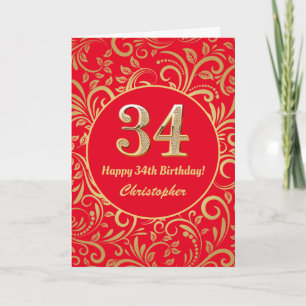 34. Geburtstag Muster Rot und Gold Floral Karte