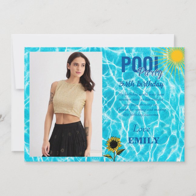 34. Geburtstag Pool Party Dankeschön Karte (Vorderseite)