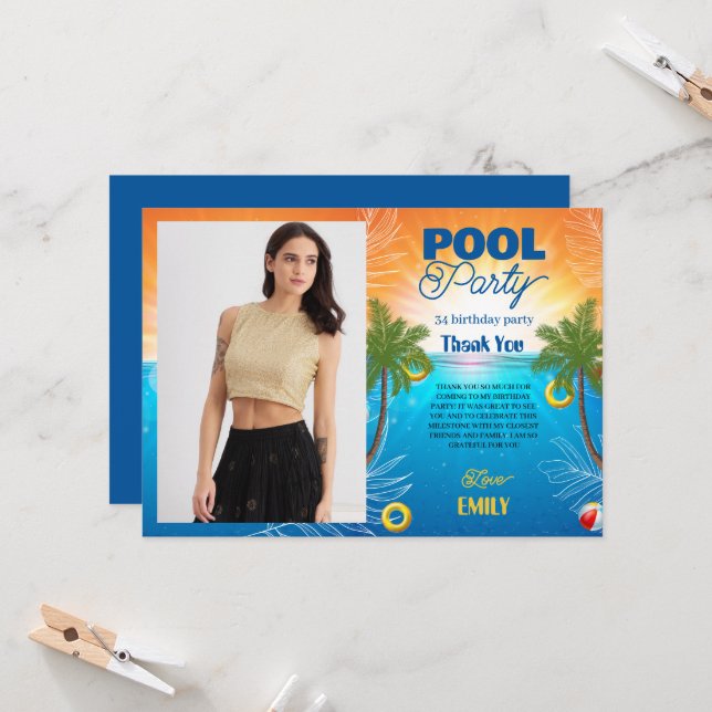 34. Geburtstag Pool Party Dankeschön Karte (Vorderseite/Rückseite Beispiel)