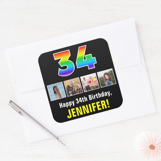 34. Geburtstag: Regenbogen "34"; benutzerdefiniert Quadratischer Aufkleber (Umschlag)