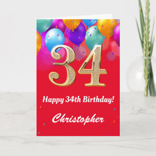 34. Geburtstag Rot und Gold farbige Ballons Karte