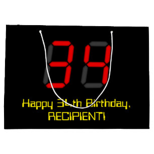34. Geburtstag: Rote Digitaluhr-Art "34" + Name Große Geschenktüte