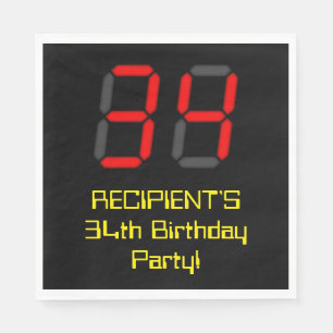 34. Geburtstag: Rote Digitaluhr-Art "34" + Name Serviette