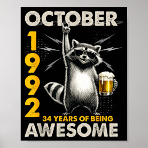 34. Geburtstag Waschbär Bier Oktober 1992 Vintage Poster