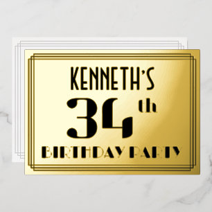 34. Geburtstagsfeier: Art Deco-Look „34“ und Name Folieneinladung