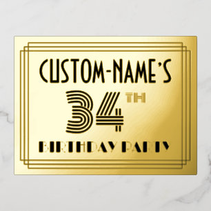 34. Geburtstagsparty ~ Art-Deco-Stil "34" + Name Folie Einladungspostkarte