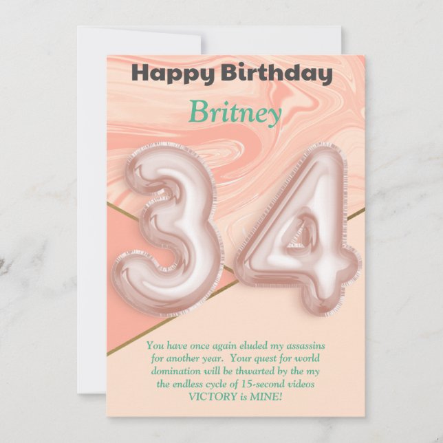 34-jährige Mädchen Happy Birthday Card (Vorderseite)