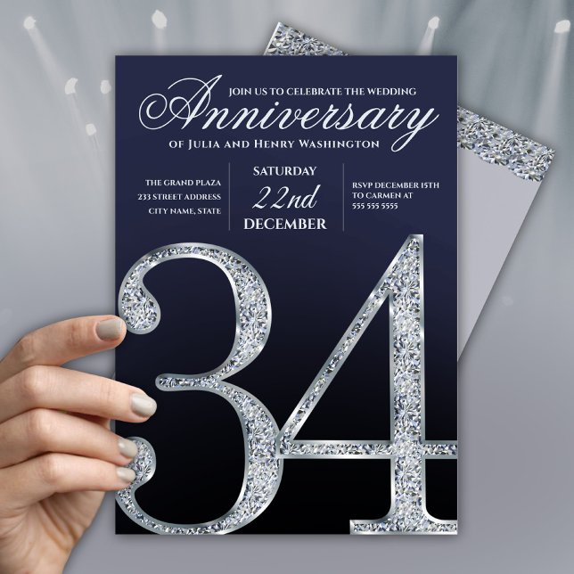 34th Anniversary Diamond Silver Navy Blue Einladung (Von Creator hochgeladen)