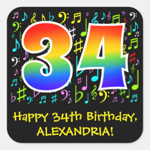 34th Birthday: Colorful Music Symbolik, Rainbow 34 Quadratischer Aufkleber