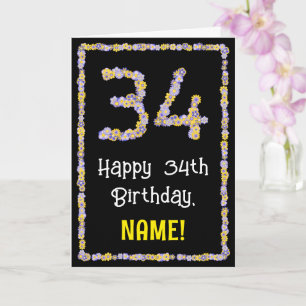 34th Birthday: Floral Flowers Number, Custom Name Karte
