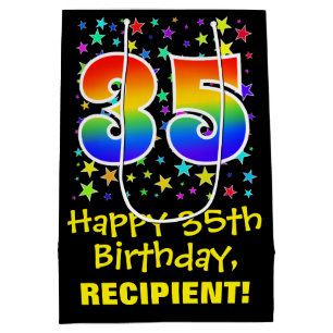 35. Geburtstag: Farbenfrohe Sterne Muster & Regenb Mittlere Geschenktüte