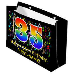 35. Geburtstag - Farbige Musiksymbole, Regenbogen Große Geschenktüte