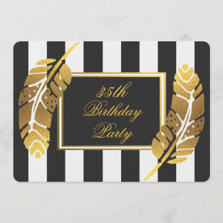 35. Geburtstag Gold Feder Schwarz-weiße Streifen Einladung
