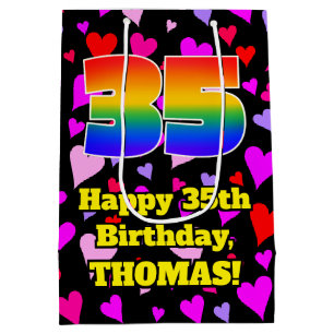 35. Geburtstag: Loving Hearts Pattern, Regenbogen  Mittlere Geschenktüte
