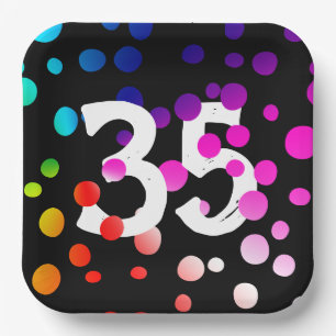 35. Geburtstag Rainbow Dots auf Black Pappteller