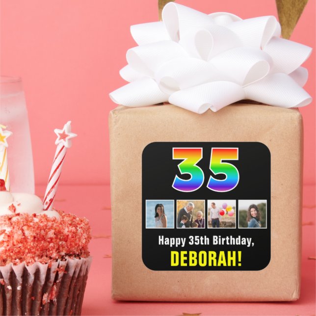 35. Geburtstag: Regenbogen "35"; benutzerdefiniert Quadratischer Aufkleber (Party)