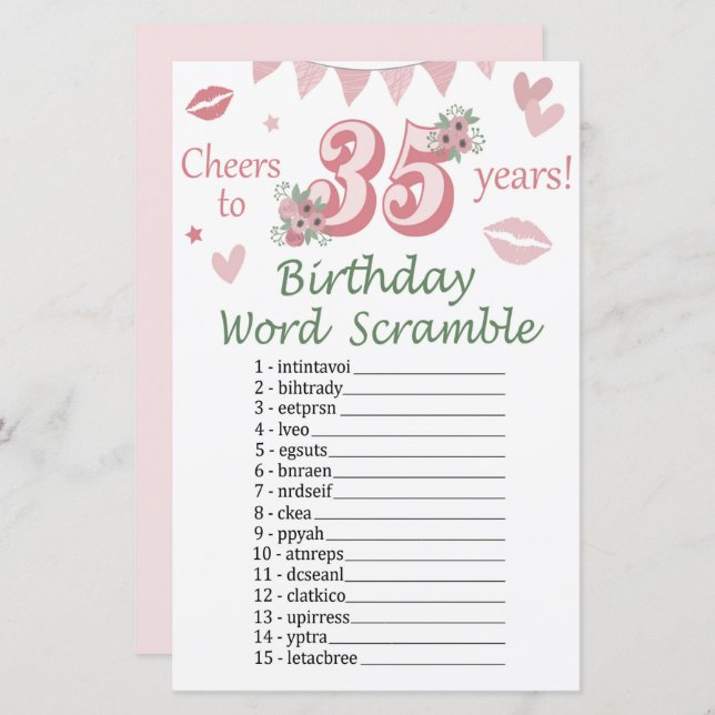 35. Geburtstag Word Scramble Game (Vorne/Hinten)