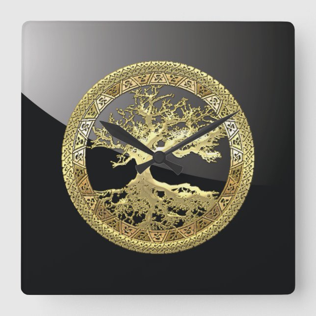 [35] Golden Celtic Tree of Life Quadratische Wanduhr (Vorderseite)