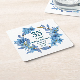35. Hochzeitstag Blaue Florale Korallen-Hochzeitsj Rechteckiger Pappuntersetzer