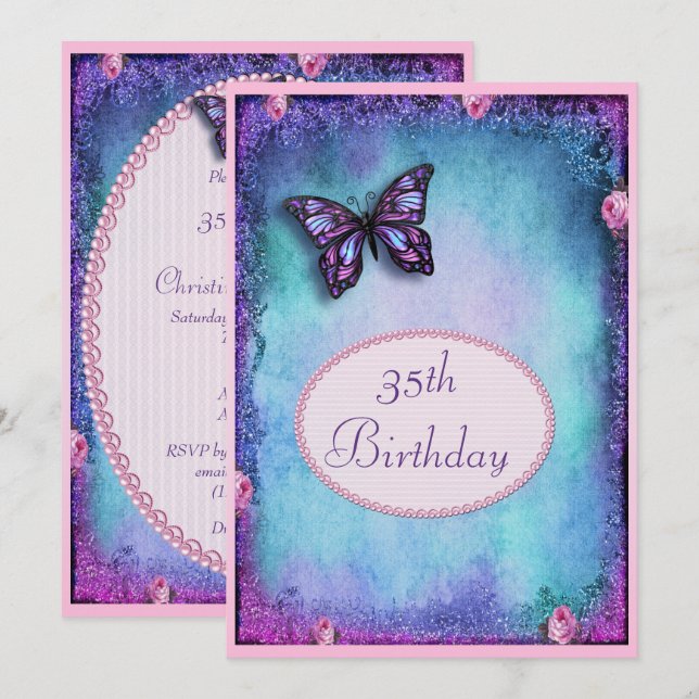 35. Imitat Glitzer, Schmetterling, Rose & Spitzen Einladung (Vorne/Hinten)