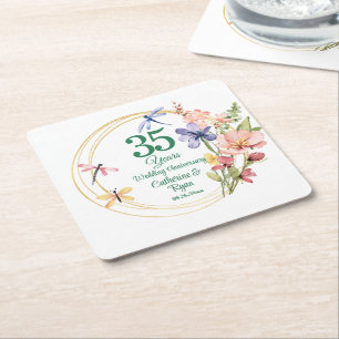 35. Korallen-Hochzeitsjubiläum Goldrahmen Floral Rechteckiger Pappuntersetzer