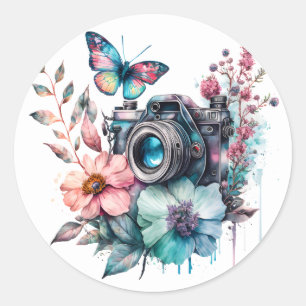 35 mm Kamera inmitten von Blume und Schmetterlings Runder Aufkleber