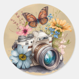 35mm Camera Colorful Flowers and Butterfly Runder Aufkleber