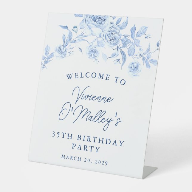35th Birthday Party Blue Rose Floral Welcome Sockelschild (Vorderseite)