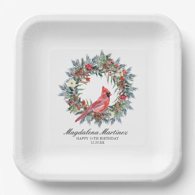 35th Birthday Red Cardinal Wreath Custom Pappteller (Vorderseite)