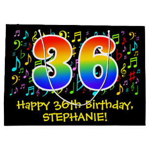 36. Geburtstag - Farbige Musiksymbole, Regenbogen  Große Geschenktüte