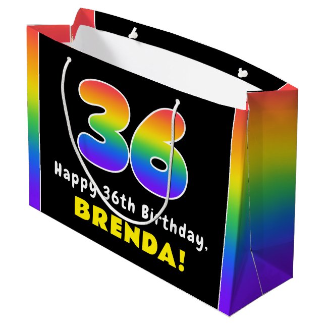 36. Geburtstag: Farbiger Regenbogen # 36, Individu Große Geschenktüte (Rückseite Schrägansicht)