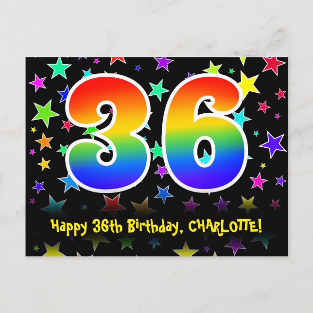 36. Geburtstag: Fun Stars Pattern, Regenbogen 36,  Postkarte (Vorderseite)