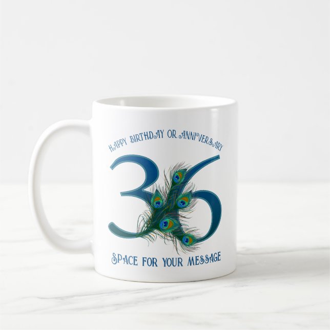 36. Geburtstag oder Jubiläum Pfauenfeder Kaffeetasse (Links)