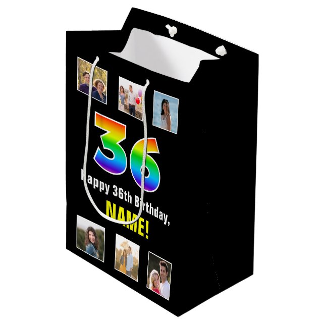 36. Geburtstag: Regenbogen "36", benutzerdefiniert Mittlere Geschenktüte (Vorderseite Schrägansicht)