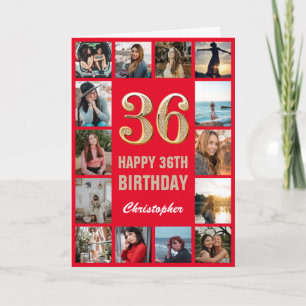 36. Happy Geburtstag Rot und Gold Foto Collage Karte