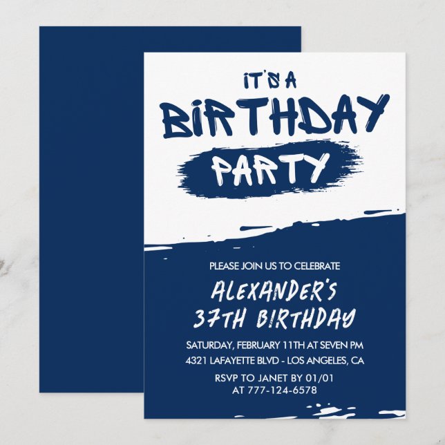 37. Geburtstag Einladungen Men Graffiti Navy Blue (Vorne/Hinten)
