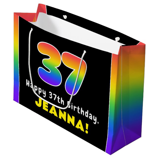37. Geburtstag: Farbiger Regenbogen # 37, Individu Große Geschenktüte (Vorderseite Schrägansicht)