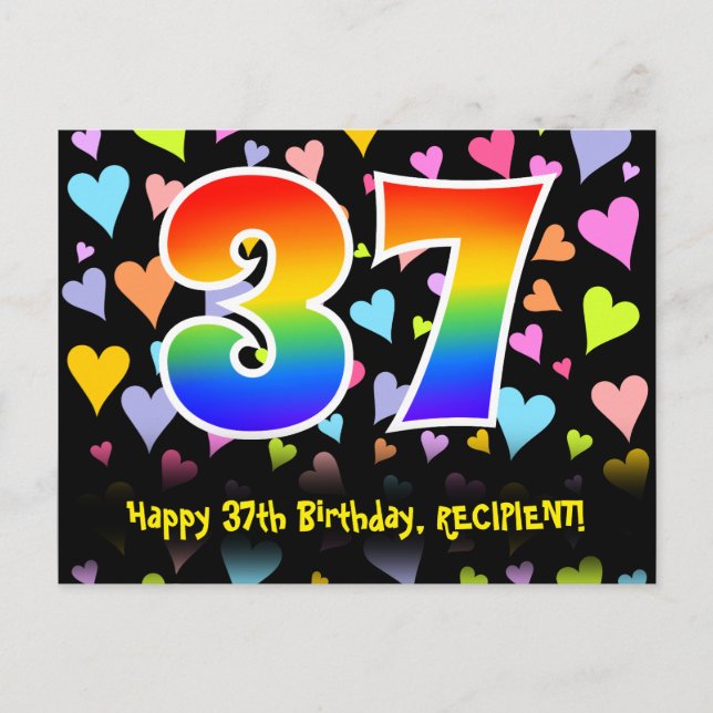 37. Geburtstag: Fun Hearts Muster, Regenbogen 37 Postkarte (Vorderseite)