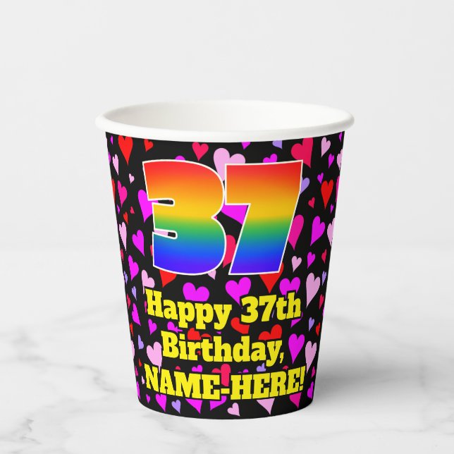 37. Geburtstag: Loving Hearts Pattern, Regenbogen  Pappbecher (Vorderseite)