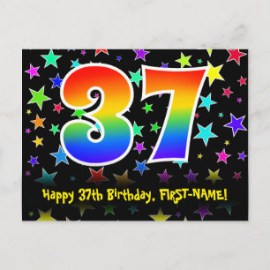 37. Geburtstag: Lustiges Sterne-Muster, Regenbogen Postkarte