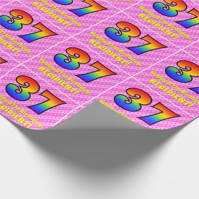 37. Geburtstag: Rosa Streifen & Herz, Regenbogen # Geschenkpapier (Ecke)